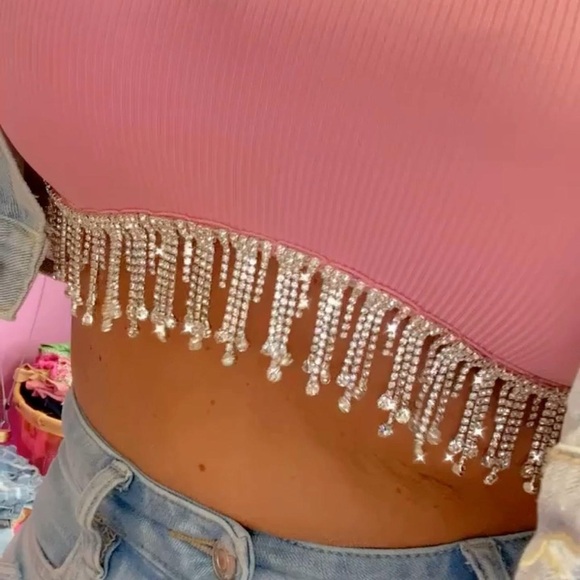 Pink Fringe Rhinestone Crop Top - Picture 5 of 5